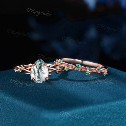 1.25ct Nature Inspired Natural Moss Agate Ring Twig Engagement Ring Set Green Emerald Branch Vine Pear Wedding Ring Aquatic Agate Bridal Set