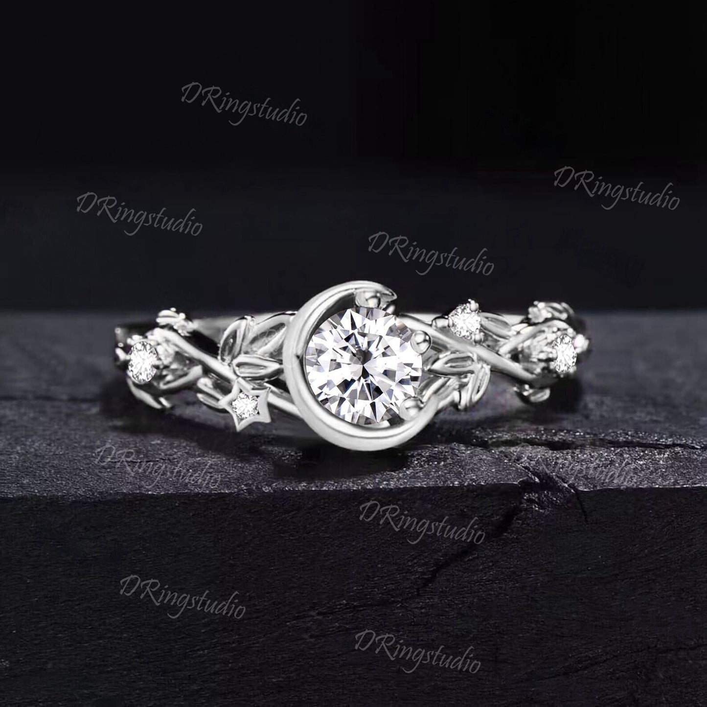 Nature Inspired Round Moissanite Diamond Engagement Ring Moon Star Design 5mm Moissanite Ring Cluster Branch Leaf Diamond Wedding Ring Women