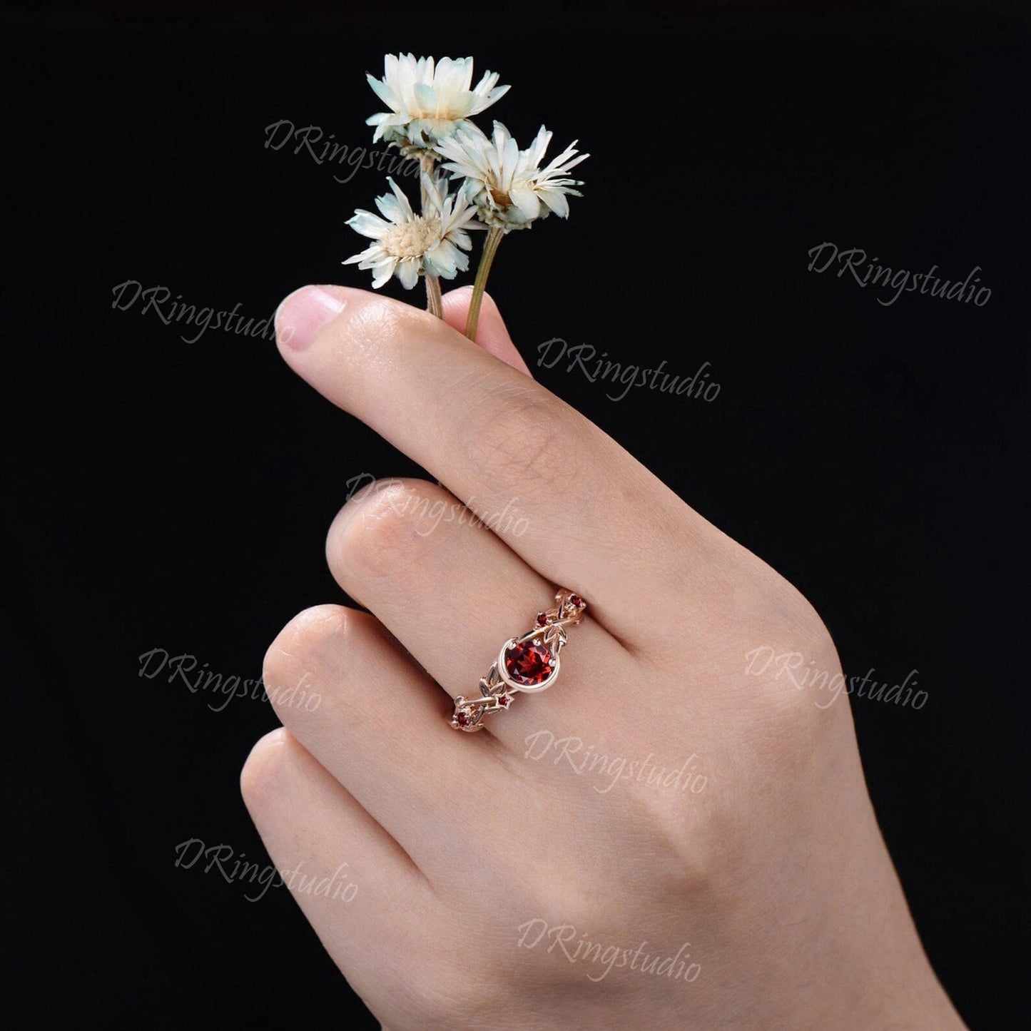 Natural Garnet Moon Star Engagement Ring 14K Rose Gold 5mm Nature Inspired Round Garnet Ring Cluster Branch Leaf Red Wedding Ring for Women