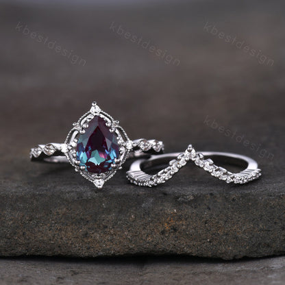 Vintage Alexandrite engagement ring set silver pear shaped alexandrite ring art deco moissanite stacking ring unique bridal promise ring set