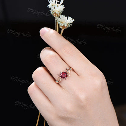 10K Rose Gold Nature Inspired Hexagon Ruby Emerald Engagement Ring Anniversary Ring July Birthstone Gift Branch Floral Ruby Gemstone Jewelry