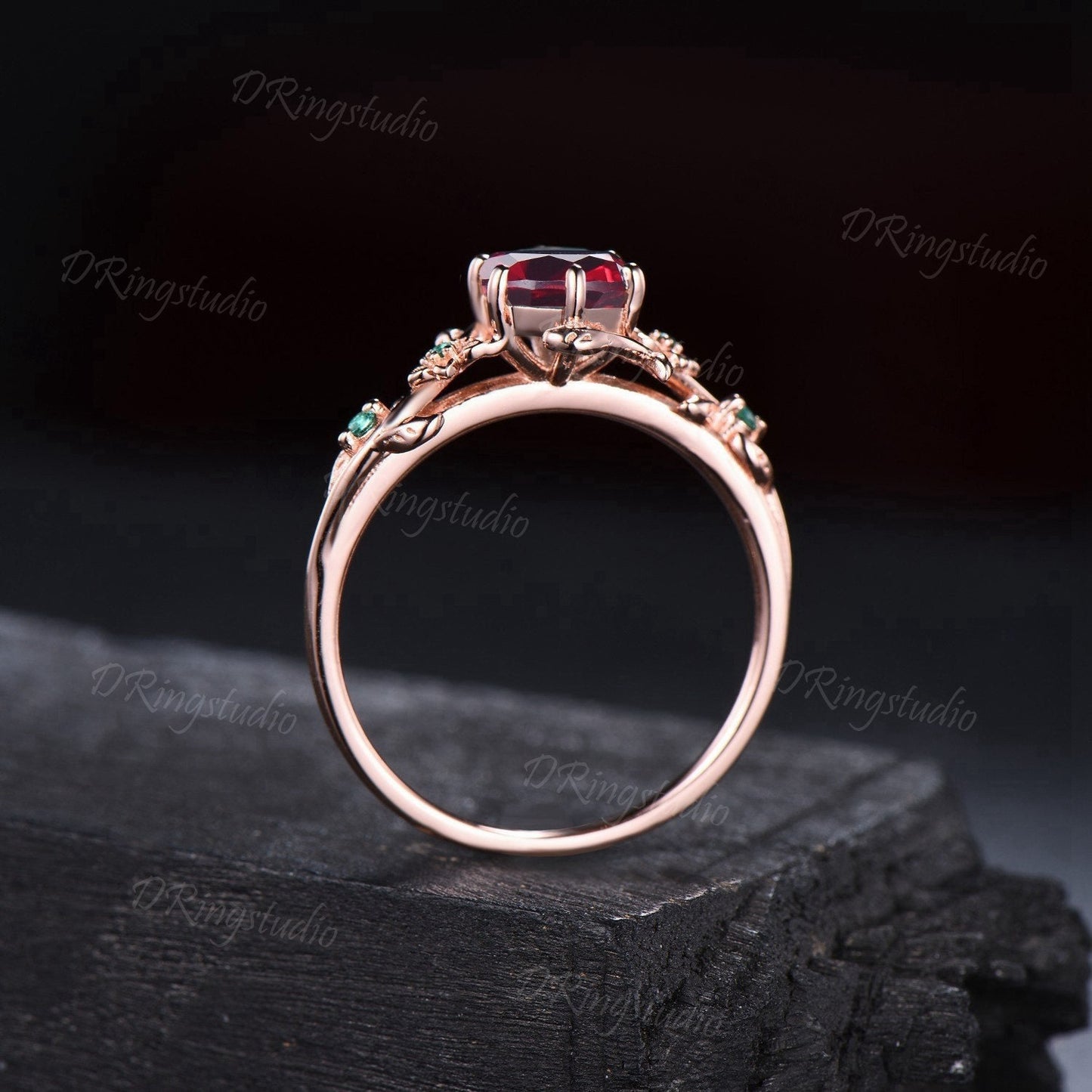 10K Rose Gold Nature Inspired Hexagon Ruby Emerald Engagement Ring Anniversary Ring July Birthstone Gift Branch Floral Ruby Gemstone Jewelry