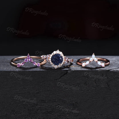 Round Cut Galaxy Starry Sky Blue Sandstone Halo Moissanite Wedding Ring Cluster Alexandrite Amethyst Opal Ring Vintage Unique Proposal Gifts