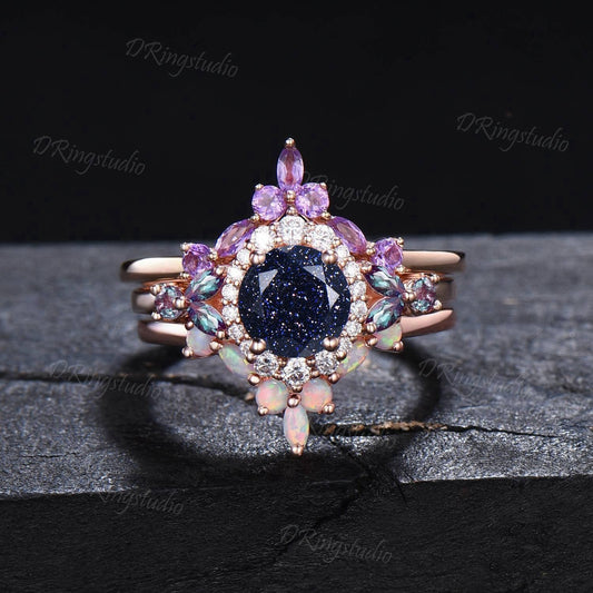 Round Cut Galaxy Starry Sky Blue Sandstone Halo Moissanite Wedding Ring Cluster Alexandrite Amethyst Opal Ring Vintage Unique Proposal Gifts