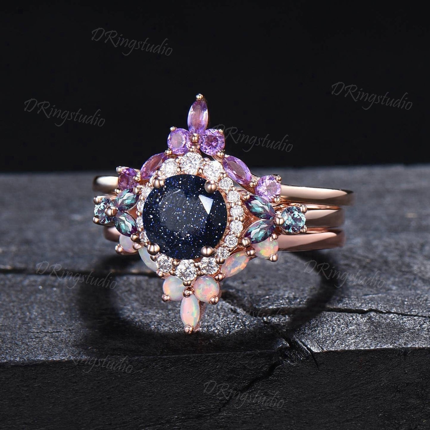 Round Cut Galaxy Starry Sky Blue Sandstone Halo Moissanite Wedding Ring Cluster Alexandrite Amethyst Opal Ring Vintage Unique Proposal Gifts