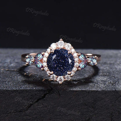 Round Cut Galaxy Starry Sky Blue Sandstone Halo Moissanite Wedding Ring Cluster Alexandrite Amethyst Opal Ring Vintage Unique Proposal Gifts