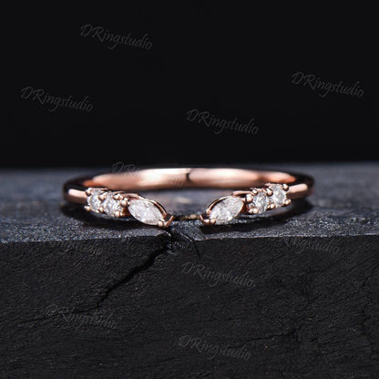 Moissanite Cuff Band|14K Solid Gold Open Stacking Band|Dainty Open Stacking Wedding Band Women|Vintage Pattern Curved Matching Wedding Band