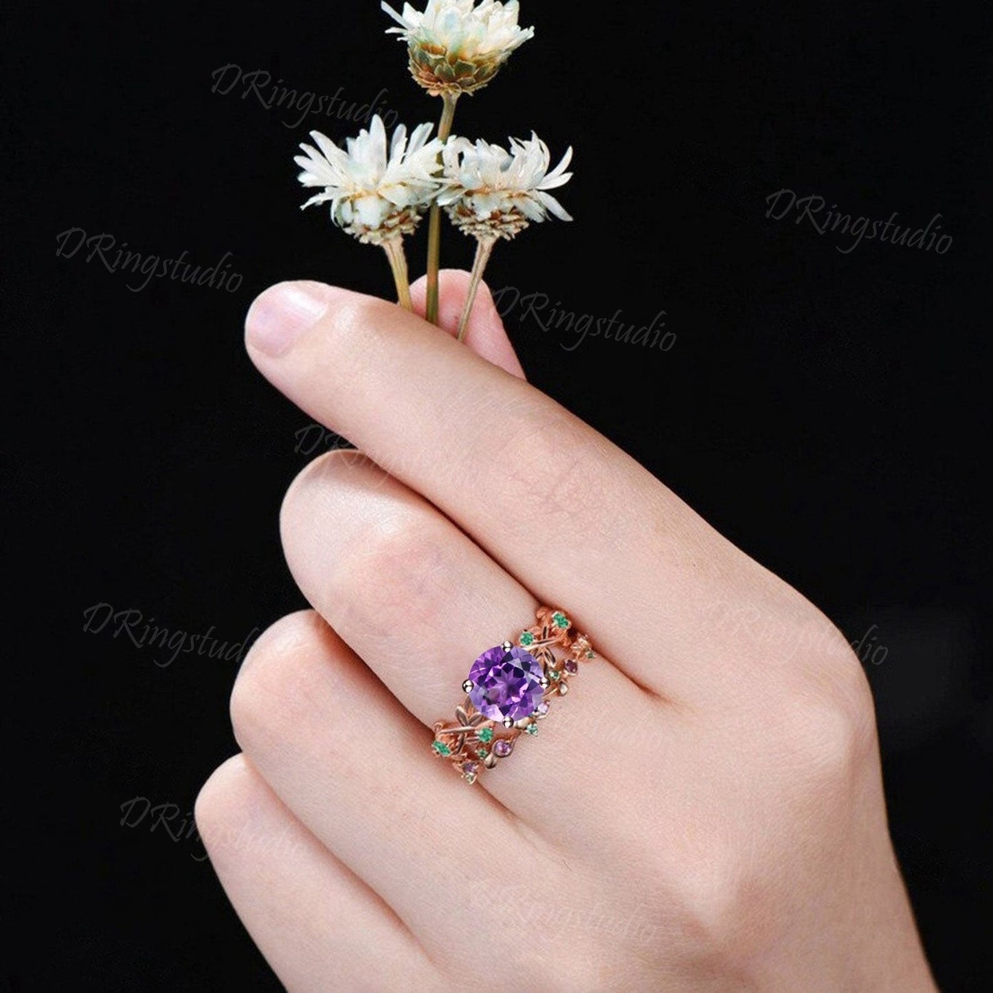 Nature Inspired Round Amethyst Emerald Branch Engagement Ring Set Natural Purple Crystal Wedding Ring Set February Birthstone Birthday Gifts