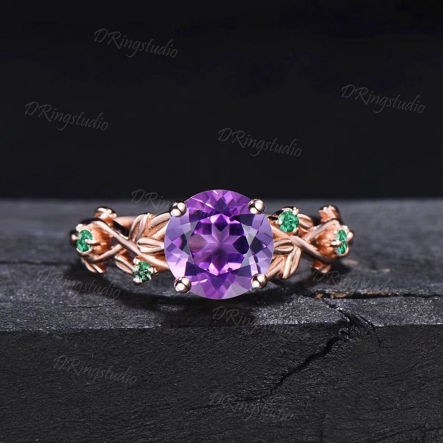 Nature Inspired Round Amethyst Emerald Branch Engagement Ring Set Natural Purple Crystal Wedding Ring Set February Birthstone Birthday Gifts