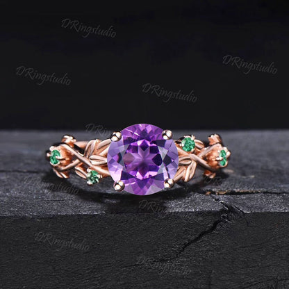 Nature Inspired Round Amethyst Emerald Branch Engagement Ring Set Natural Purple Crystal Wedding Ring Set February Birthstone Birthday Gifts