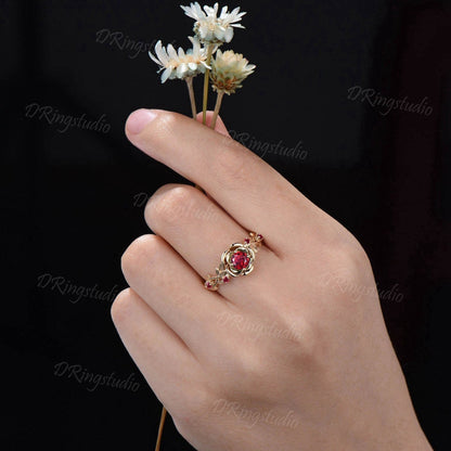 5mm Round Ruby Engagement Ring 14K Yellow Gold Twig Leaf Rose Flower Red Ruby Engagement Rings Anniversary Ring Women July Birthstone Gift