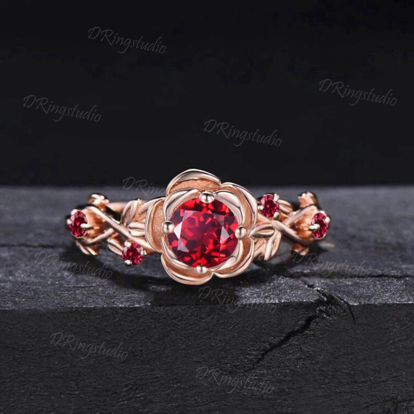 5mm Round Ruby Engagement Ring 14K Yellow Gold Twig Leaf Rose Flower Red Ruby Engagement Rings Anniversary Ring Women July Birthstone Gift