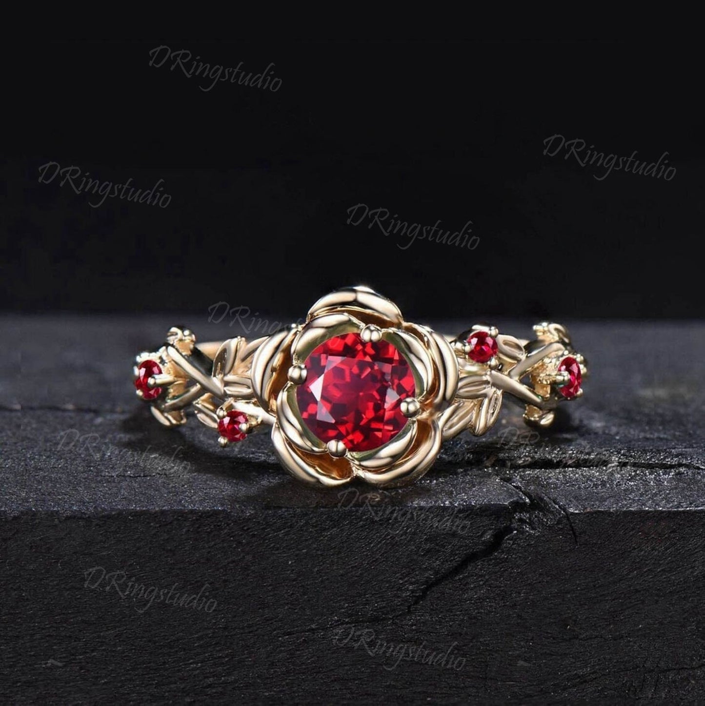 5mm Round Ruby Engagement Ring 14K Yellow Gold Twig Leaf Rose Flower Red Ruby Engagement Rings Anniversary Ring Women July Birthstone Gift