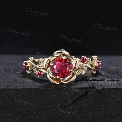 5mm Round Ruby Engagement Ring 14K Yellow Gold Twig Leaf Rose Flower Red Ruby Engagement Rings Anniversary Ring Women July Birthstone Gift