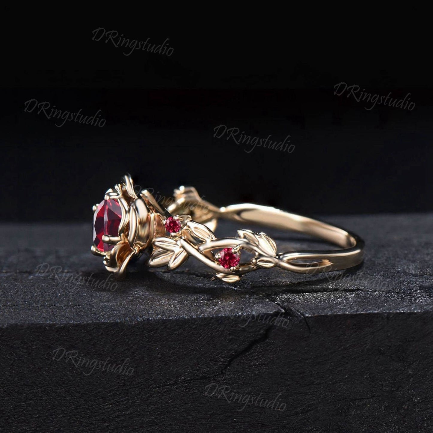 5mm Round Ruby Engagement Ring 14K Yellow Gold Twig Leaf Rose Flower Red Ruby Engagement Rings Anniversary Ring Women July Birthstone Gift