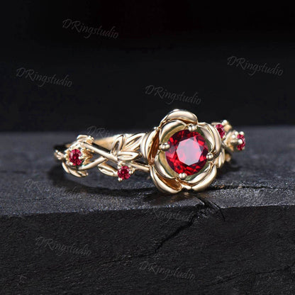 5mm Round Ruby Engagement Ring 14K Yellow Gold Twig Leaf Rose Flower Red Ruby Engagement Rings Anniversary Ring Women July Birthstone Gift