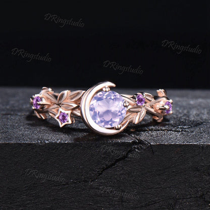 Nature Inspired Natural Lavender Amethyst Engagement Ring Moon Star Design 5mm Round Light Amethyst Ring Branch Leaf Amethyst Wedding Rings