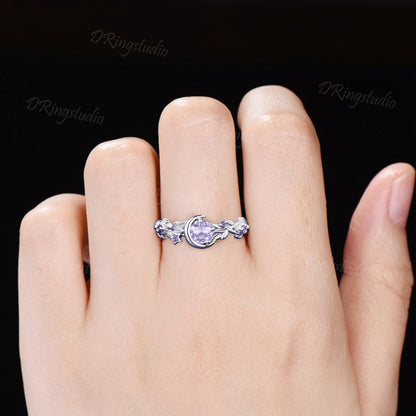 Nature Inspired Natural Lavender Amethyst Engagement Ring Moon Star Design 5mm Round Light Amethyst Ring Branch Leaf Amethyst Wedding Rings