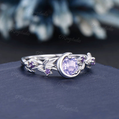 Nature Inspired Natural Lavender Amethyst Engagement Ring Moon Star Design 5mm Round Light Amethyst Ring Branch Leaf Amethyst Wedding Rings