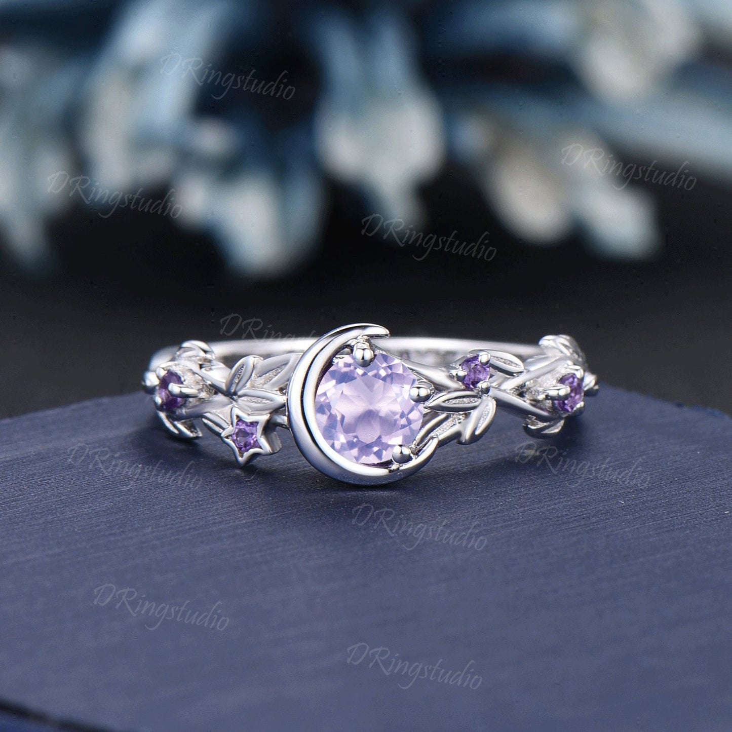 Nature Inspired Natural Lavender Amethyst Engagement Ring Moon Star Design 5mm Round Light Amethyst Ring Branch Leaf Amethyst Wedding Rings