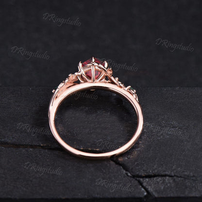 10K Rose Gold Nature Inspired Hexagon Ruby Emerald Engagement Ring Anniversary Ring July Birthstone Gift Branch Floral Ruby Gemstone Jewelry