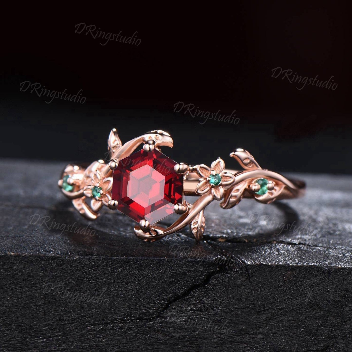 10K Rose Gold Nature Inspired Hexagon Ruby Emerald Engagement Ring Anniversary Ring July Birthstone Gift Branch Floral Ruby Gemstone Jewelry