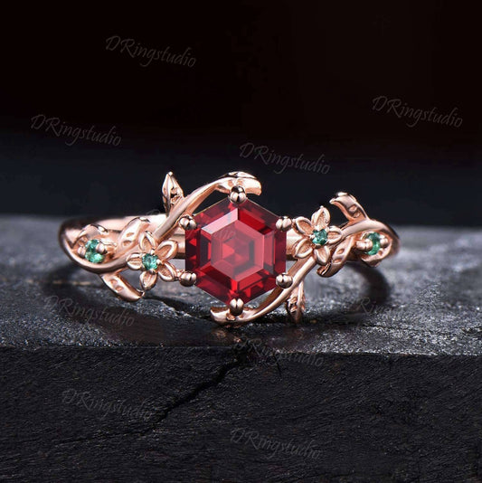 10K Rose Gold Nature Inspired Hexagon Ruby Emerald Engagement Ring Anniversary Ring July Birthstone Gift Branch Floral Ruby Gemstone Jewelry