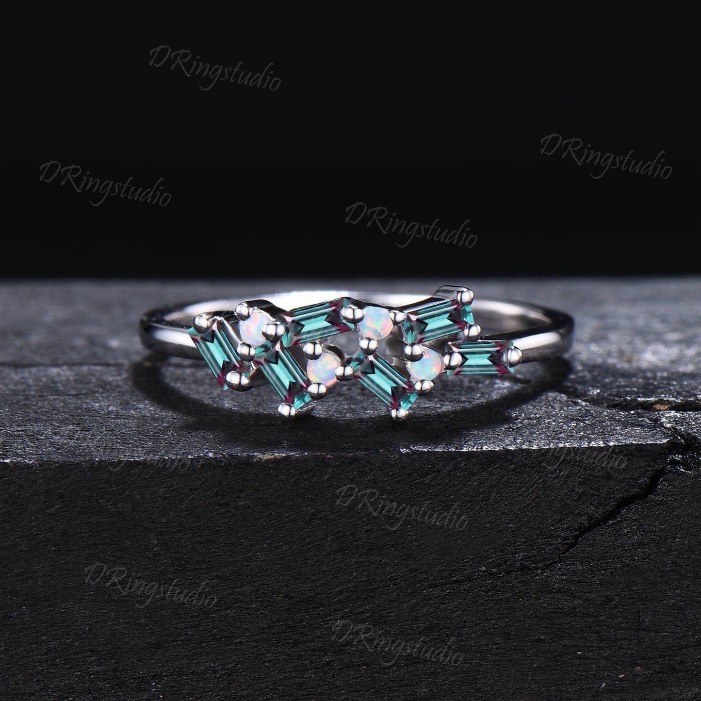 Vintage Alexandrite Pearl Wedding Band 10K Rose Gold Baguette Alexandrite Cluster Wedding Ring Dainty Art Deco Half Eternity Minimalist Ring