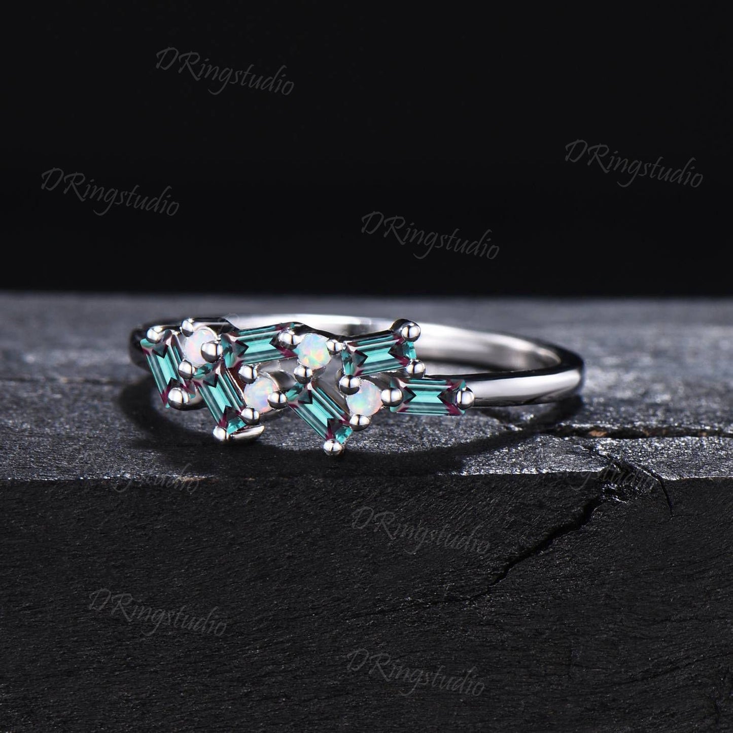 Vintage Alexandrite Pearl Wedding Band 10K Rose Gold Baguette Alexandrite Cluster Wedding Ring Dainty Art Deco Half Eternity Minimalist Ring