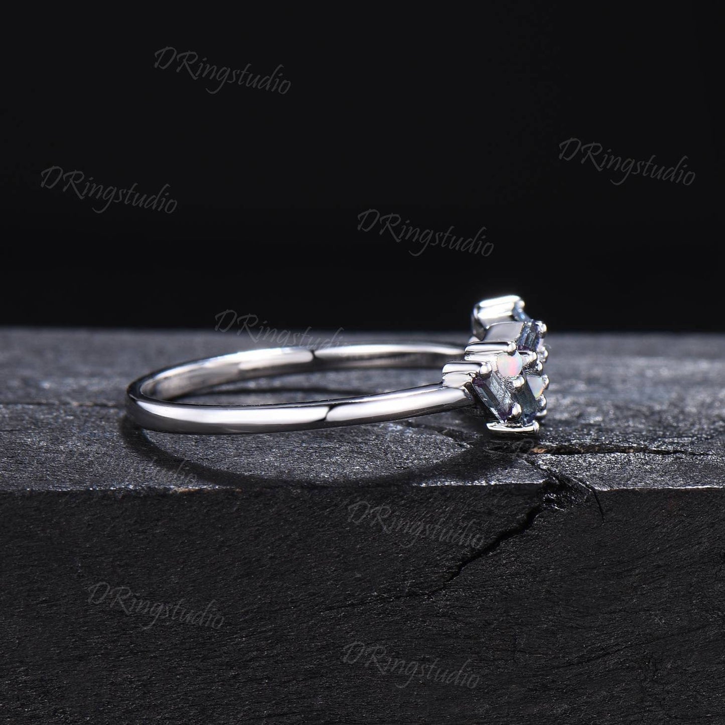 Vintage Alexandrite Pearl Wedding Band 10K Rose Gold Baguette Alexandrite Cluster Wedding Ring Dainty Art Deco Half Eternity Minimalist Ring