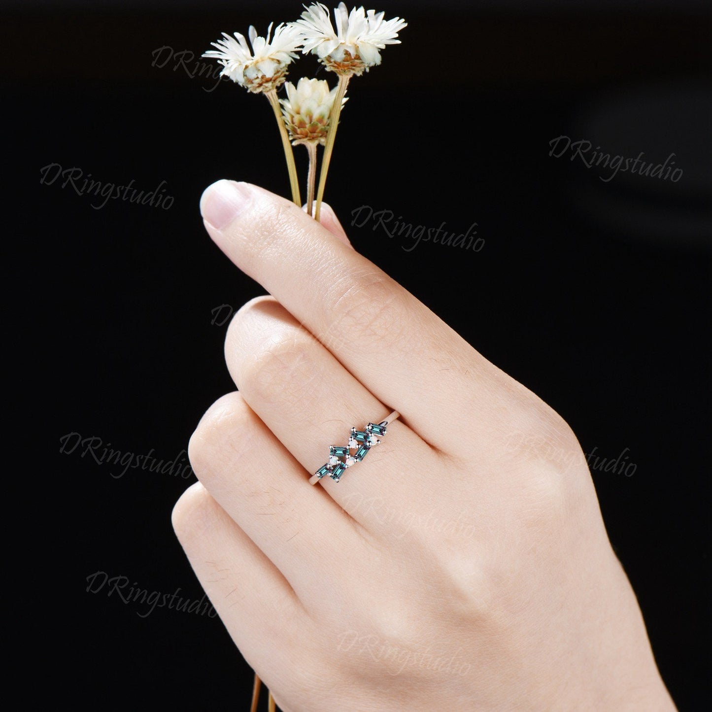 Vintage Alexandrite Pearl Wedding Band 10K Rose Gold Baguette Alexandrite Cluster Wedding Ring Dainty Art Deco Half Eternity Minimalist Ring