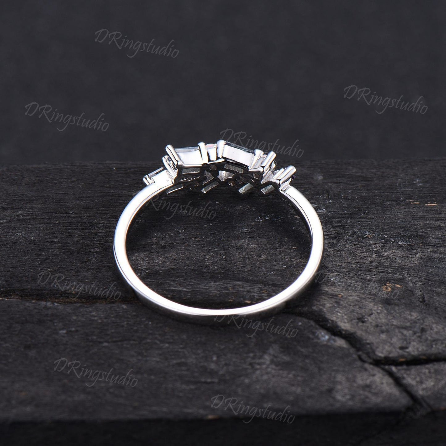 Vintage Alexandrite Pearl Wedding Band 10K Rose Gold Baguette Alexandrite Cluster Wedding Ring Dainty Art Deco Half Eternity Minimalist Ring