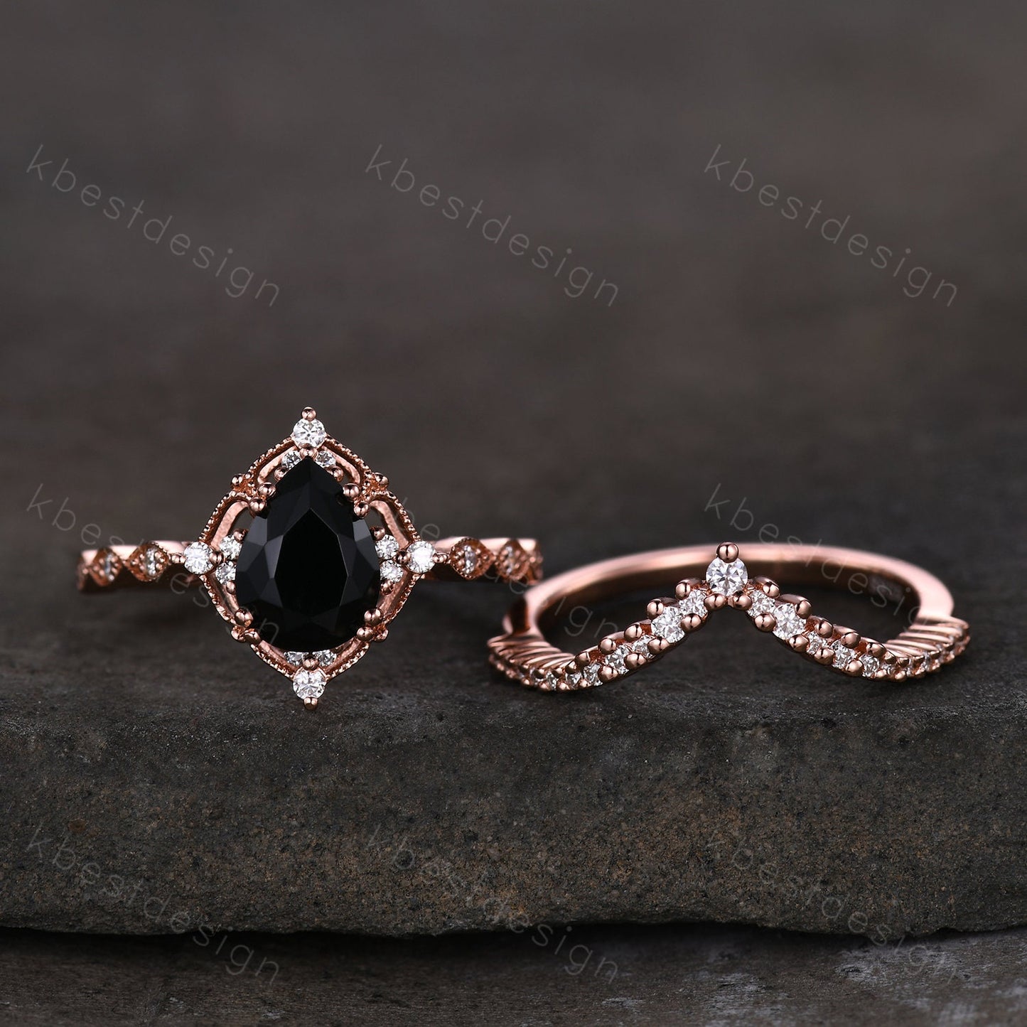 Vintage black onyx engagement ring rose gold ring art deco curved stacking band pear shaped bridal set unique moissanite wedding set