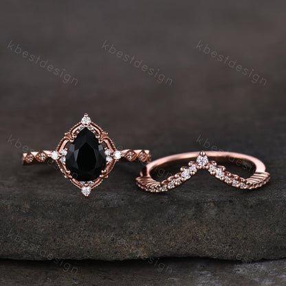 Vintage black onyx engagement ring rose gold ring art deco curved stacking band pear shaped bridal set unique moissanite wedding set