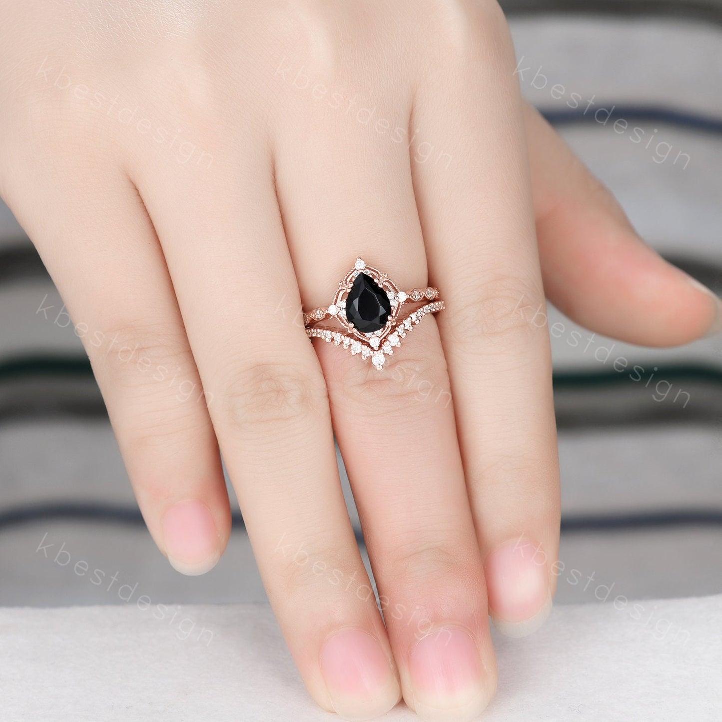 Vintage black onyx engagement ring rose gold ring art deco curved stacking band pear shaped bridal set unique moissanite wedding set