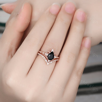 Vintage black onyx engagement ring rose gold ring art deco curved stacking band pear shaped bridal set unique moissanite wedding set