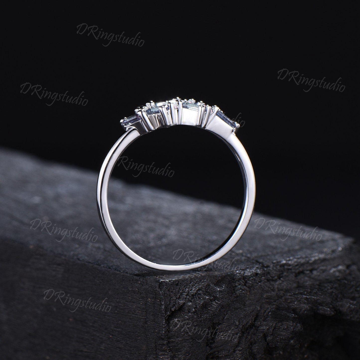 Vintage Alexandrite Pearl Wedding Band 10K Rose Gold Baguette Alexandrite Cluster Wedding Ring Dainty Art Deco Half Eternity Minimalist Ring