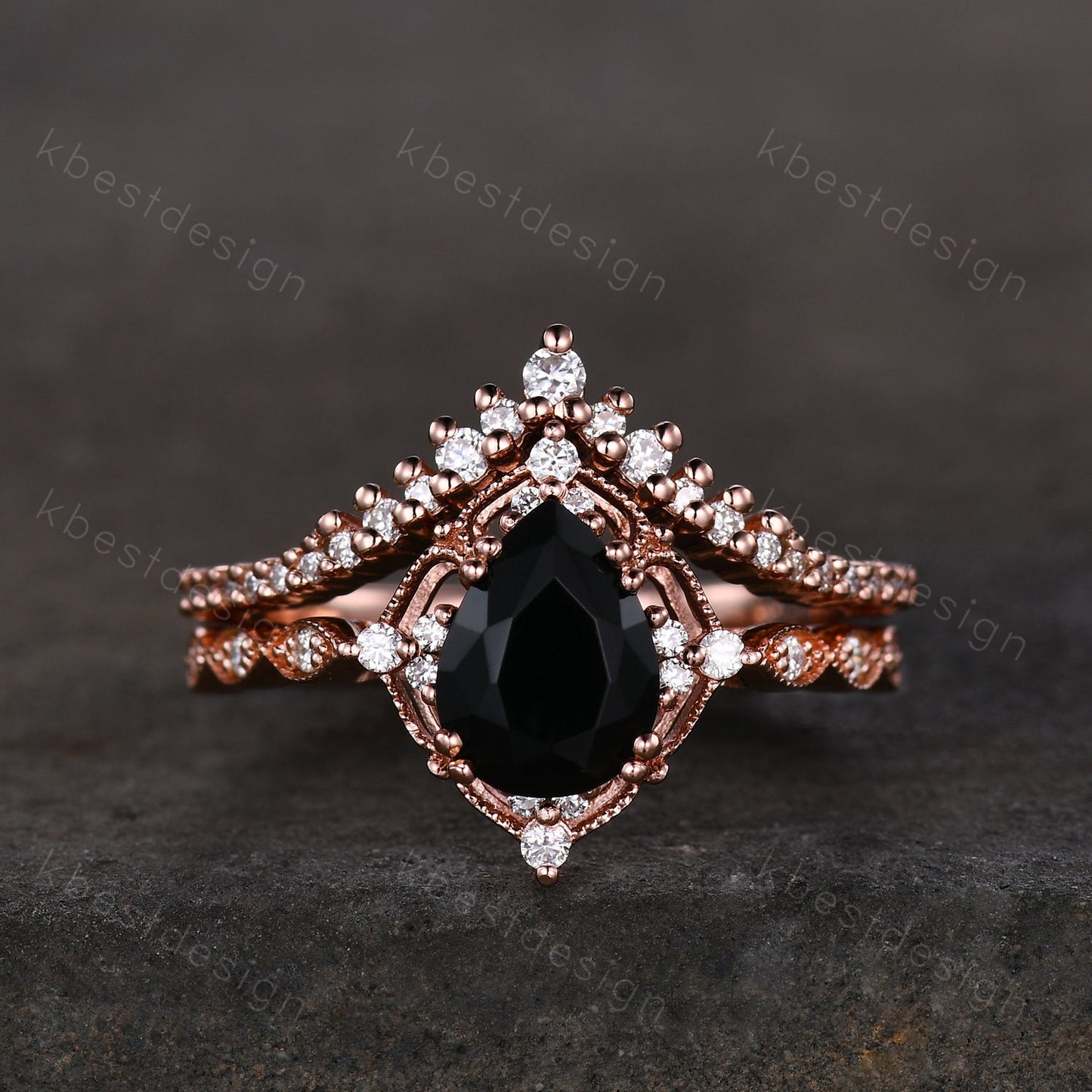 Vintage black onyx engagement ring rose gold ring art deco curved stacking band pear shaped bridal set unique moissanite wedding set