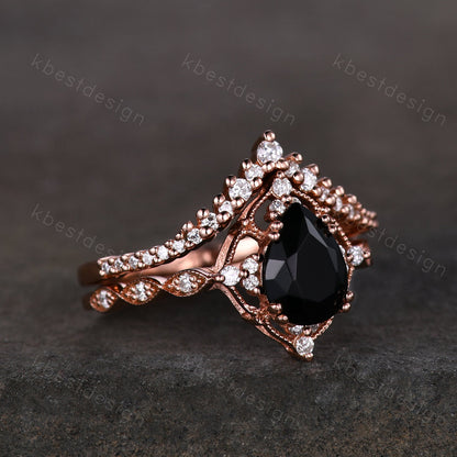 Vintage black onyx engagement ring rose gold ring art deco curved stacking band pear shaped bridal set unique moissanite wedding set