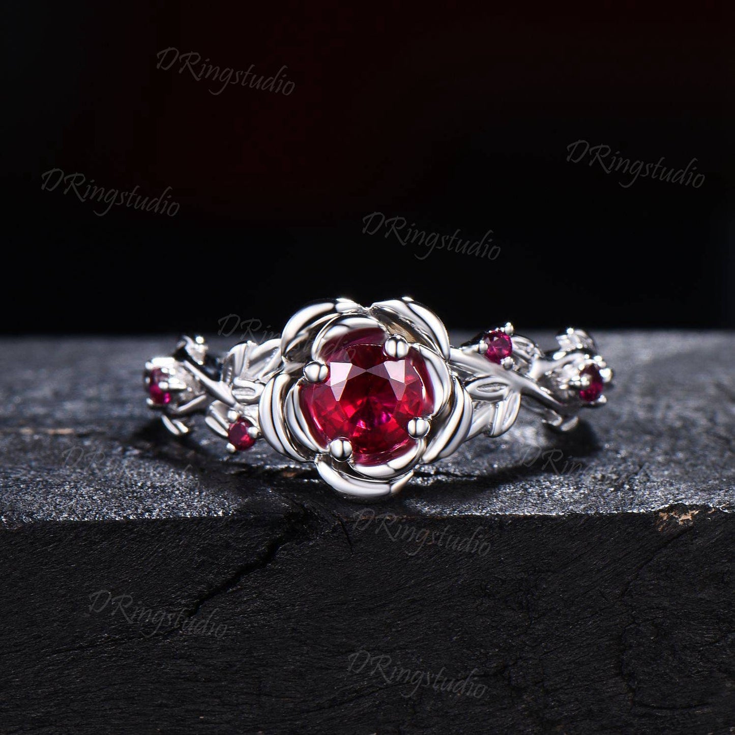 5mm Round Ruby Engagement Ring 14K Yellow Gold Twig Leaf Rose Flower Red Ruby Engagement Rings Anniversary Ring Women July Birthstone Gift