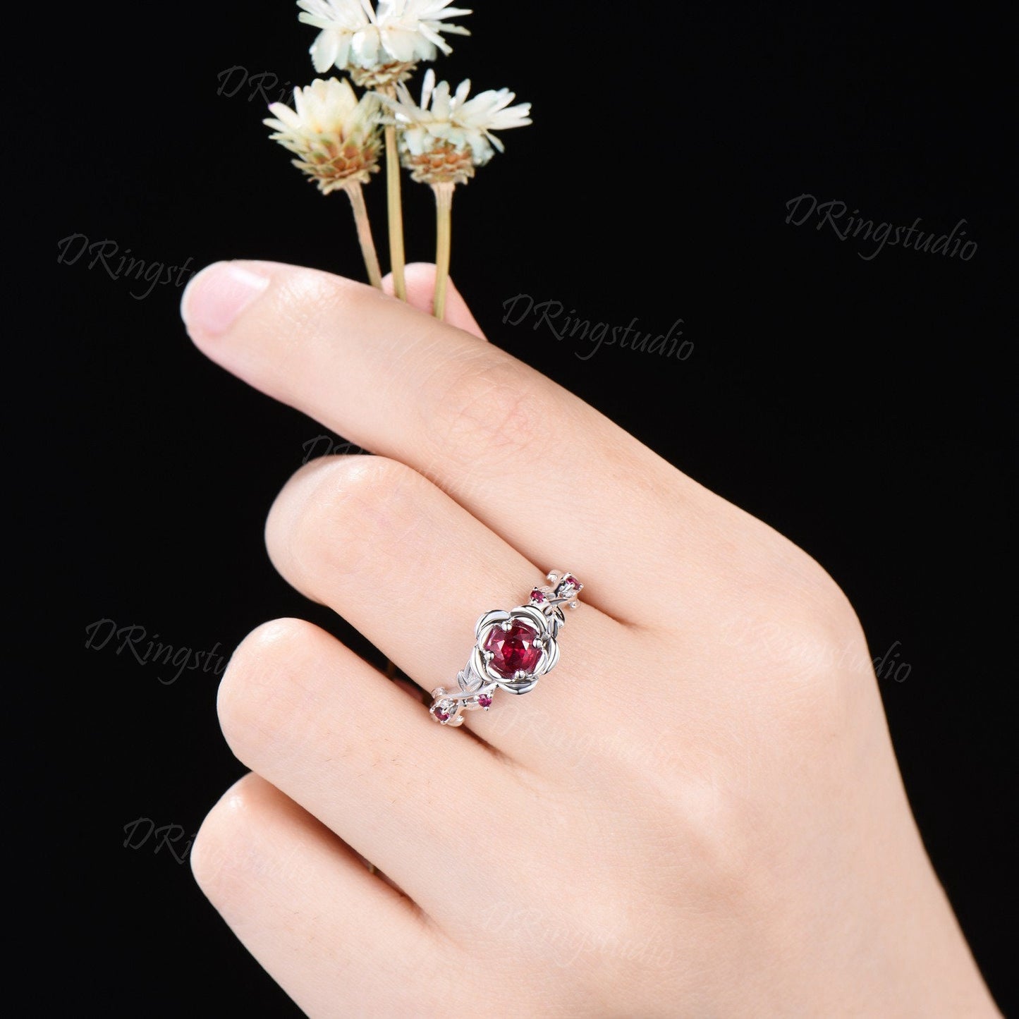 5mm Round Ruby Engagement Ring 14K Yellow Gold Twig Leaf Rose Flower Red Ruby Engagement Rings Anniversary Ring Women July Birthstone Gift