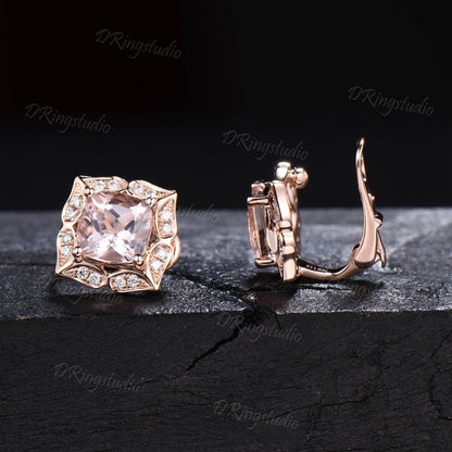 Peach Morganite Earrings Ear Clips Stud Earrings 6mm Cushion Natural Pink Morganite Earrings Vintage Floral Halo 14k Rose Gold Women Jewelry
