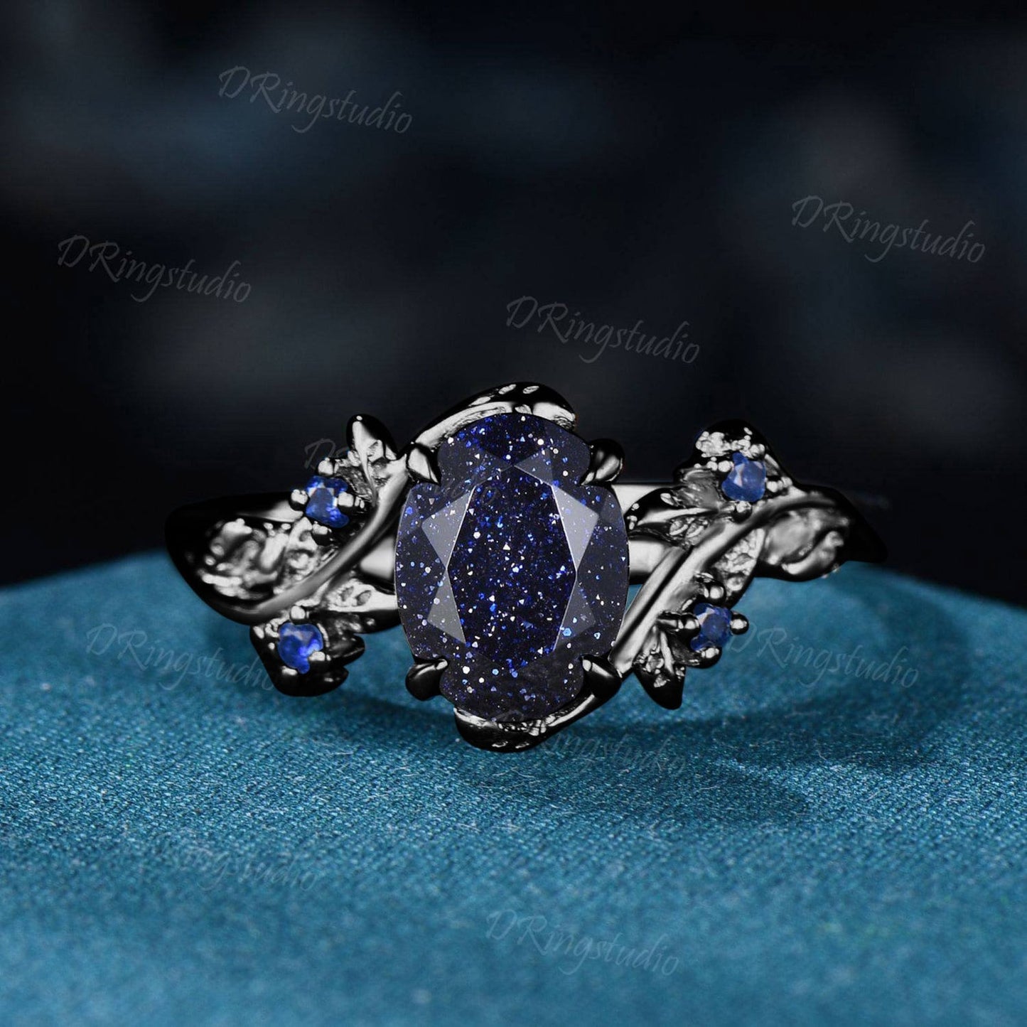 Gothic Black Gold Nebula Blue Sandstone Ring 1.5CT Oval Cut Blue Goldstone Engagement Ring Black Branch Leaf Bridal Ring Witchy Wedding Ring