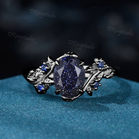 Gothic Black Gold Nebula Blue Sandstone Ring 1.5CT Oval Cut Blue Goldstone Engagement Ring Black Branch Leaf Bridal Ring Witchy Wedding Ring