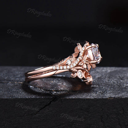 Nature Inspired Moissanite Engagement Ring Rose Gold Floral Leaf Kite Cut Moissanite Bridal Set Half Eternity Celtic Moon Ring Proposal Gift