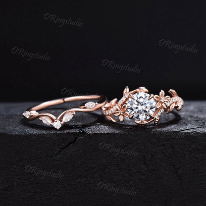 1 Carat Round Lab Grown Diamond Ring 14k Rose Gold Flower Engagement Ring Set IGI Certified Diamond Wedding Ring Nature Entangled Vines Ring