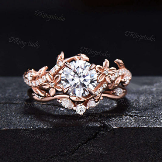 1 Carat Round Lab Grown Diamond Ring 14k Rose Gold Flower Engagement Ring Set IGI Certified Diamond Wedding Ring Nature Entangled Vines Ring