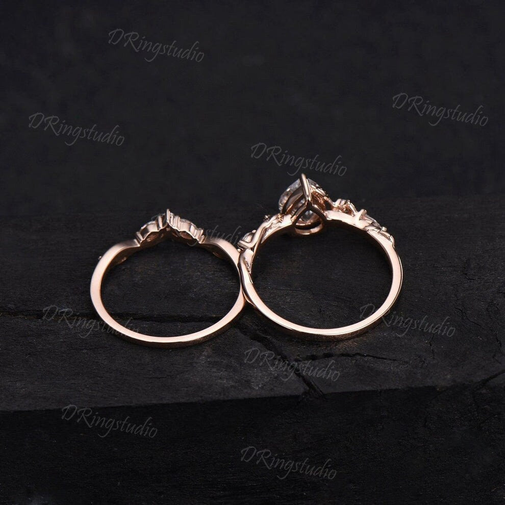 Vintage Kite Moissanite Bridal Set Garden Inspired Twig Wedding Ring Set Branch Vine lab grown diamond Jewelry Anniversary Gifts Fiance Ring