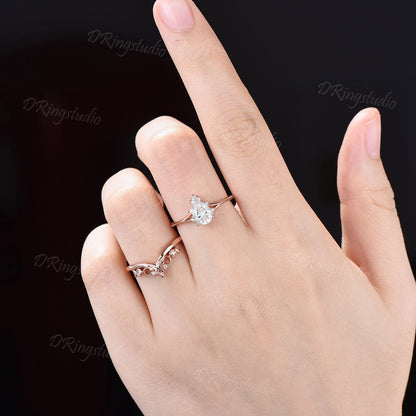 0.8ct Pear VS1 Lab Grown Diamond Ring Set Crescent Triple Moon Real Diamond Wedding Ring Diamond IGI Certificate Ring Proposal Gifts For Her