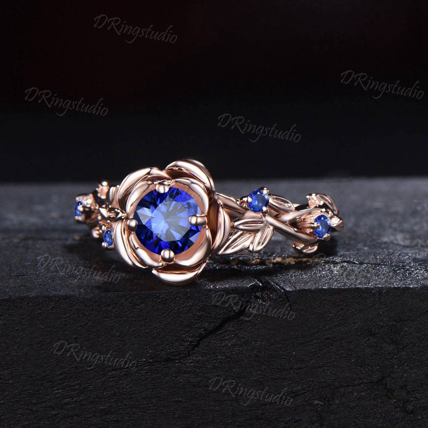 5mm(0.5CTW) Nature Inspired Natural Royal Burnt Blue Sapphire Ring 10K Yellow Gold Twig Leaf Rose Flower Sapphire Nature Engagement Rings